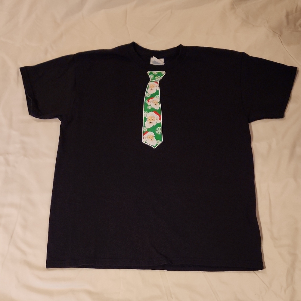 Delta Black Tee with Green Tie Santa Graphic. Youth Large
